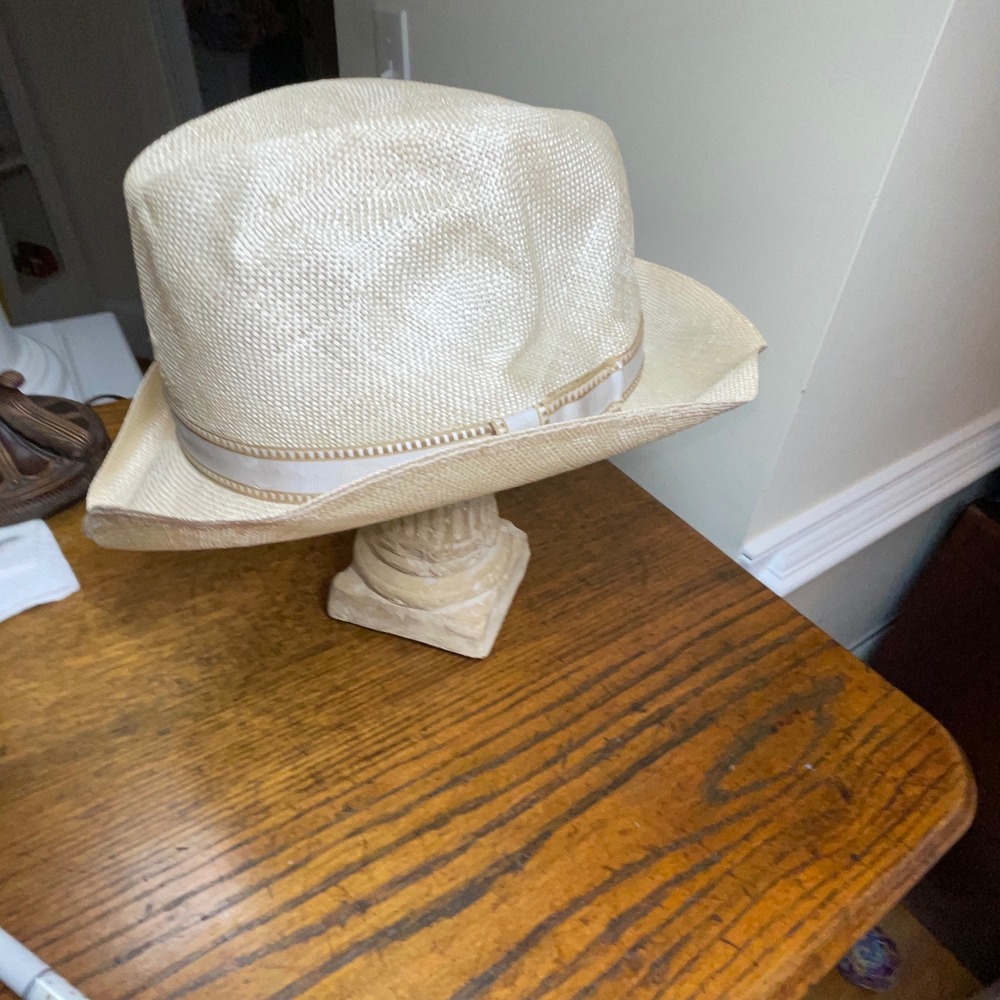 Stetson Straw Fedora Hat Cream Off White Woven Panama Style Size 7 5/8 61cm Luxe - Picture 6 of 15